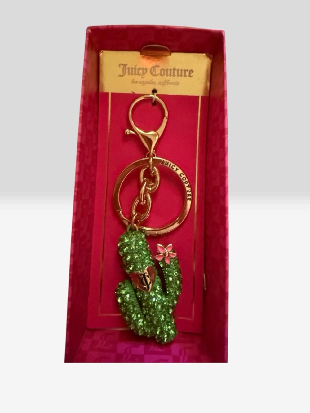 Juicy Couture Green Crystal Cactus Keyring with Pink Flower